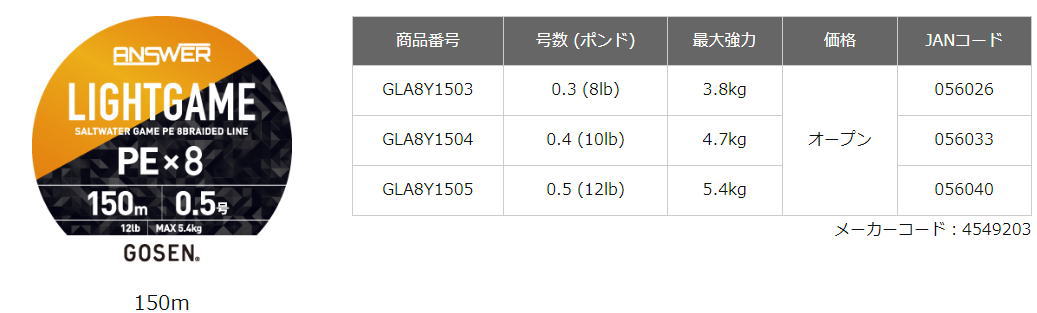 アンサー ライトゲーム PE×8　150ｍスペック